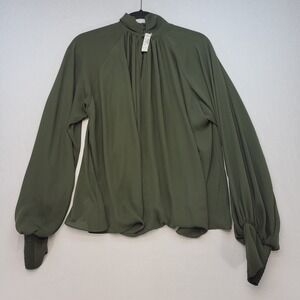 Madewell Blouse Women M Green Mock Neck Smocked Cuff Long Sleeve NT228